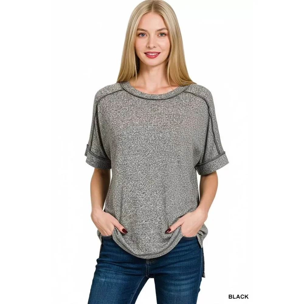 Zenana Full Size Soft Melange Hacci Short Sleeve Hi-low Tee Plus Size